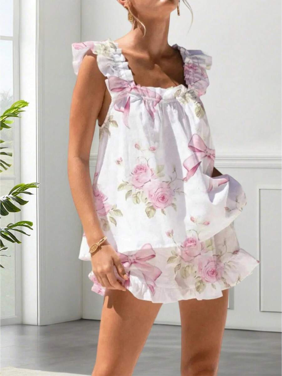 Womens Pajamas Set Bow Floral Print Ruffle Sleeveless Tank Top And Shorts Sleepwear Set Summer 2 Piece Outfits Women Floral Print Pajama Sets 2 Piece Lounge Set Ruffle Trim Sleeveless Top And Shorts Pjs Sleepwear - 白底玫瑰花 - 查看 1