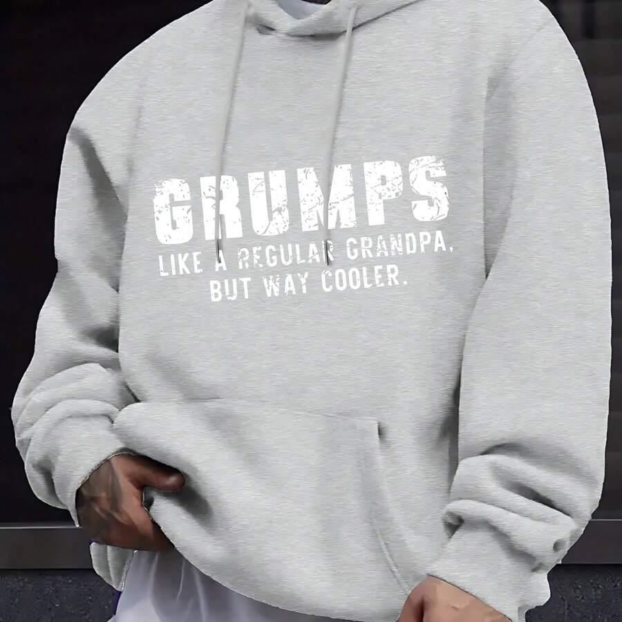 Fashionable Men's Hoodie With A Grumps Print, Like A Normal Grandpa But Much Cooler, Ideal For Everyday Wear, Social Occasions, And Cold Weather. - 灰色 - 查看 1