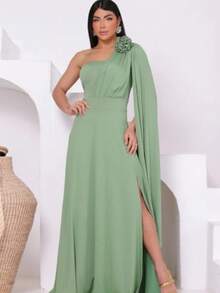Women's Long Party Dress, One Shoulder, Draped With Slit – Elegant Fluit Fabric For Bridesmaids, Weddings, And Graduations – One Size Fits All. Elegant Asymmetrical Party Dress For Weddings. - 薄荷綠 - 查看 1
