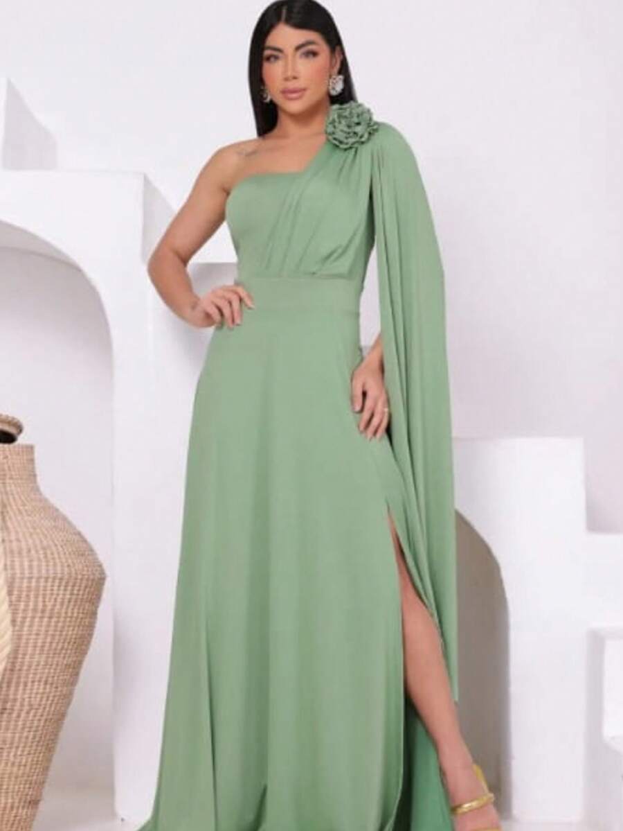 Women's Long Party Dress, One Shoulder, Draped With Slit – Elegant Fluit Fabric For Bridesmaids, Weddings, And Graduations – One Size Fits All. Elegant Asymmetrical Party Dress For Weddings. - 薄荷綠 - 查看 1