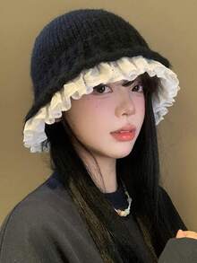1pc Winter Warm Lace Lace Black Knitted Bucket Hat Autumn Winter Korean Knitted Hat Big Head Waist Plush Hat Cute Wind Lace Lace Warm Knitted Hat Outdoor Travel Thickened Warm Windproof And Cold Proof Warm Knitted Hat Cold Weather Outfit Women - Multicolor - View 2