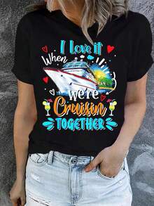 1 camiseta con estampado digital divertido Crucero, corazón, playa, cóctel 180g, serie clásica, camiseta de manga corta para mujer, 100% algodón, cuello redondo retro casual - Negro - Ver 1