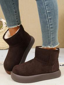 女士时尚厚底套脚雪地靴，冬季百搭舒适踝靴 - 咖啡色 - 查看 11