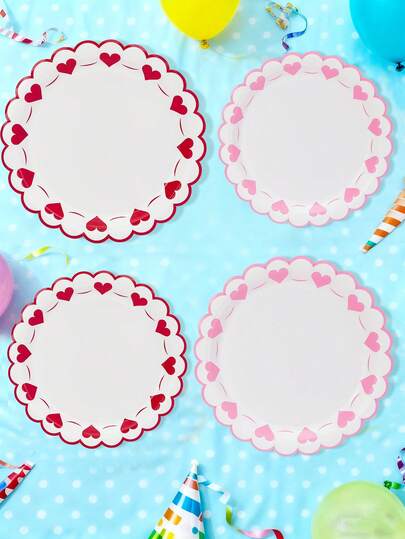 10pcs/20pcs/50pcs Valentine's Day Paper Plates Disposable Plates Pink Red White Heart Shape Scalloped Decorative Plate Cake Dessert Dinner Plates For Valentines Lovers Home Party Wedding Anniversary Table Decor