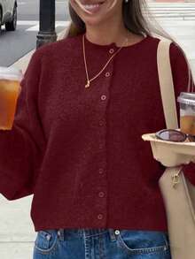 FOR BEAUTY Autumn New Solid Color Round Neck Single-Breasted Long Sleeve Knit Cardigan, Gentle, Elegant, Romantic, Casual, Lazy, Fashionable, Minimalist Versatile, Suitable For Outings, Valentine's Day Dates, Commuting And Various Occasions. This Sweater And Cardigan Is An Ideal Choice For Women's Spring Wear. - Burgundy - View 7