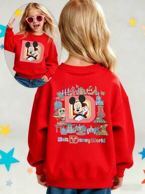 Suéter casual de doble cara con estampado de Mickey Mouse para niñas, con diseño de letra y cuello redondo, adecuado para otoño e invierno, para uso diario y al aire libre, serie Disney, regalo de cumpleaños para niños.