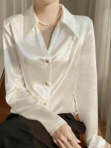 Áo sơ mi satin bóng thời trang xuân thu dành cho nữ, áo cánh trắng tay dài, áo sơ mi cổ polo phong cách Pháp mới, áo cánh dài tay thanh lịch, áo thời trang và đa năng - trắng - Xem 5
