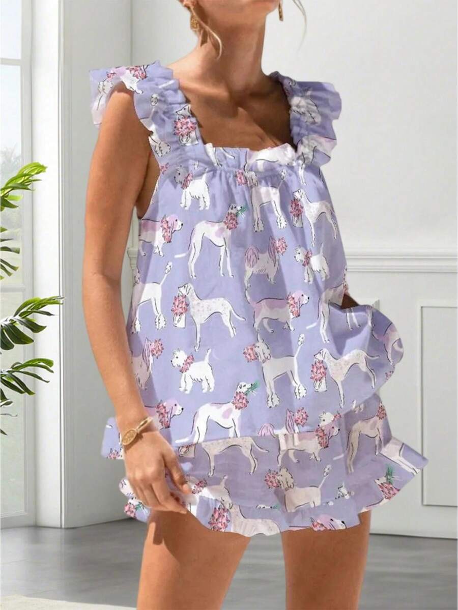 Womens Pajamas Set Bow Floral Print Ruffle Sleeveless Tank Top And Shorts Sleepwear Set Summer 2 Piece Outfits Women Floral Print Pajama Sets 2 Piece Lounge Set Ruffle Trim Sleeveless Top And Shorts Pjs Sleepwear - 紫色 - 查看 1