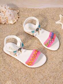 女童夏季刺绣平底凉鞋，波西米亚风，软底防滑沙滩鞋，新款时尚童鞋 - 白色 - 查看 1