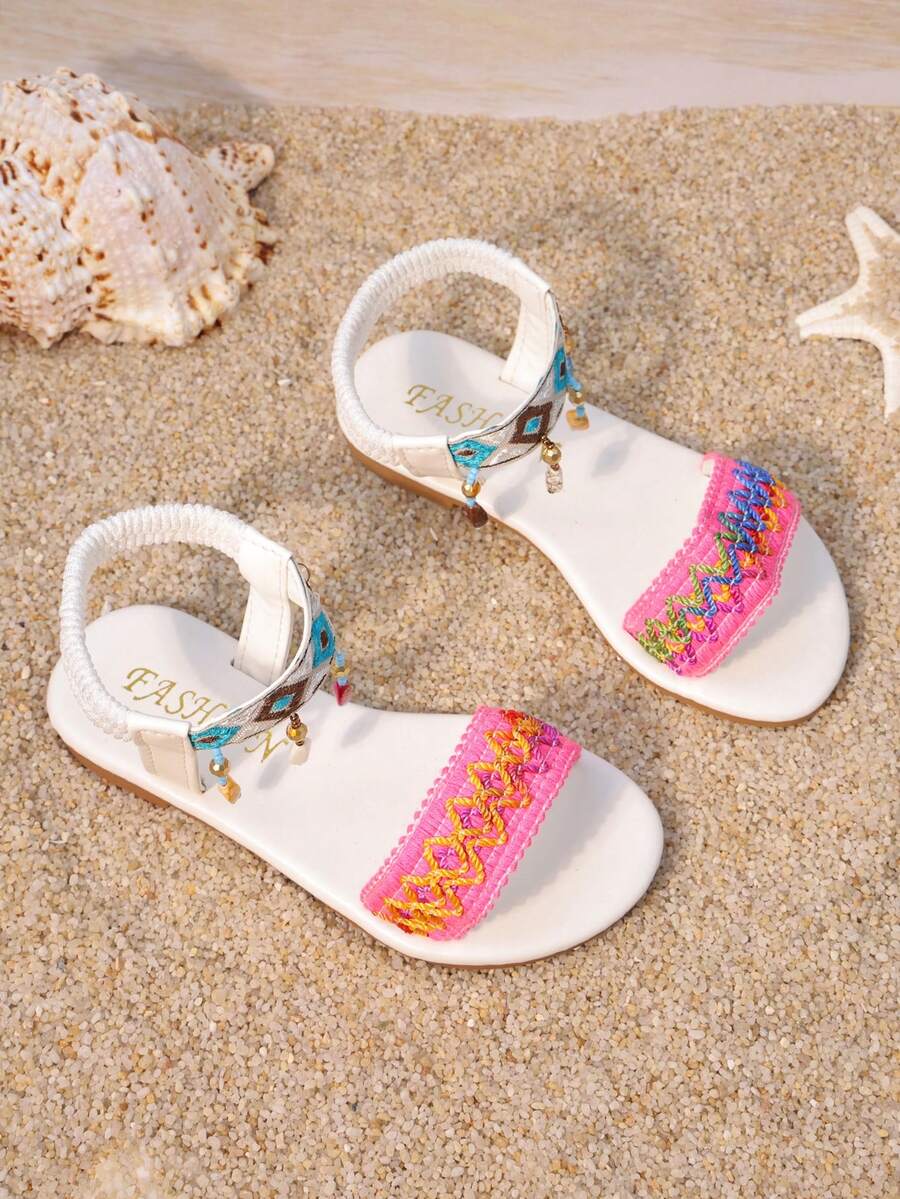 女童夏季刺绣平底凉鞋，波西米亚风，软底防滑沙滩鞋，新款时尚童鞋 - 白色 - 查看 1