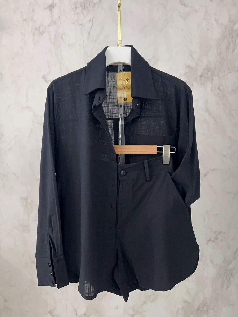 Lightweight Women's Set | Long-Sleeved Shirt And Shorts With Elastic At The Back | Semi-Sheer - 黑色 - 查看 1