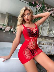 Una pieza transparente calado sexy mesh lady wrap falda bodysuit - Rojo - Ver 3