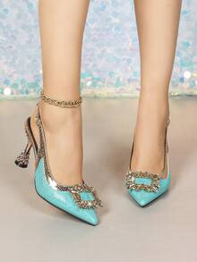 Mint Green Pointed Toe High Heels, Rhinestone Square Buckle Snake Skin Material Strap High Heel Sandals, Women's Party & Work Stiletto Heels - Cadet Blue - View 4