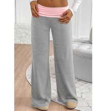 Women's Casual Wide Leg Pants Fold-Over High Waist Contrast Color Pants Loose Trousers Women Fold Over Yoga Pants Low Rise Wide Leg Sweatpants Color Block Flare Leggings Y2k Foldover Lounge Workout - 灰色 - 查看 2