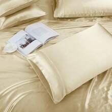 4 Piece Satin Sheets Twin Size Silky Smooth Beige Sheet Set With Deep Pocket, Fitted Sheet, Flat Sheet, 2 Pillowcases, Luxury Comfort - 橄欖綠 - 查看 10
