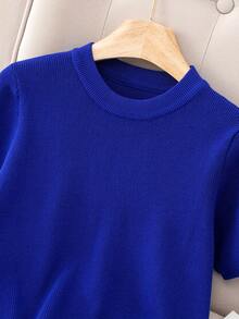 2026 Spring/Summer New Arrival European Style Round Neck Solid Color Lightweight Knit Short Sleeve Sweater Top, Versatile - Blue - View 3
