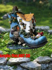 1pc 2D Acrylic Decorative Garden , Displaying A Whimsical Boot House With Vibrant Ivy And Gnomes, Perfect To Add Charm And Personalized To Your Garden And Planters, Enhancing Outdoor Decor Signage
