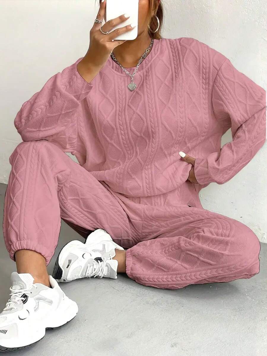 Women's Cozy Cable Knit 2-Piece Tracksuit Set - White & Multi Colors, Loose Fit, Long Sleeve Round Neck Top & Pocketed Joggers, Solid Color, Fall/Winter Outfit, Casual Outdoor Activewear, Versatile Full-Age Loungewear | Cable Knit Texture | Women's Minimalist Sporty Sweatsuit - 粉色 - 查看 1