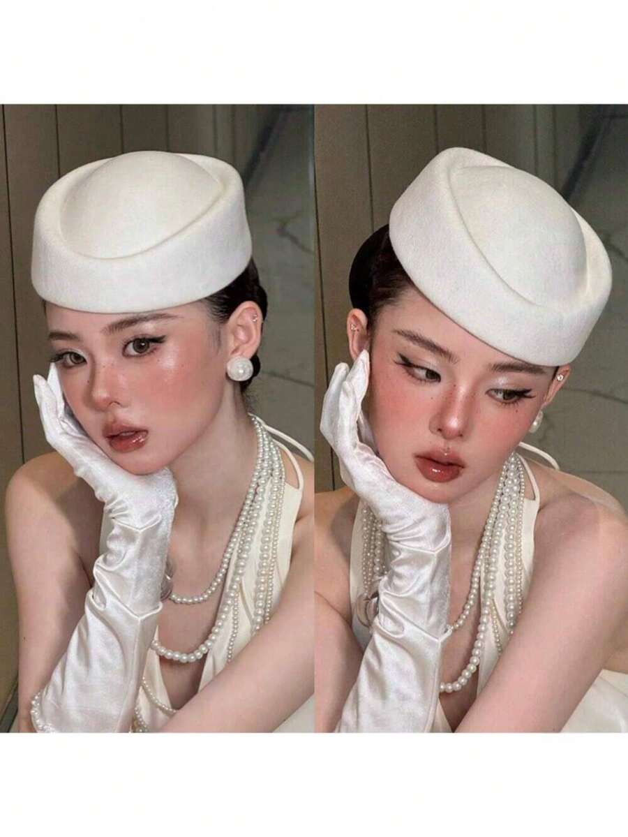1pc Solid Color Wool Beret Hat, Elegant High-End French Style White Fascinator Hat, Suitable For Wedding, Party, Flight Attendant, New Fashion Accessory For Women