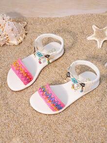 女童夏季刺绣平底凉鞋，波西米亚风，软底防滑沙滩鞋，新款时尚童鞋 - 白色 - 查看 3