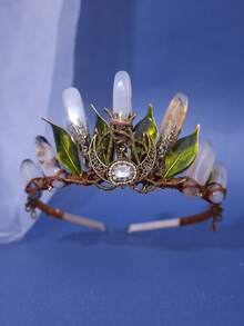 1 pieza Elegante diadema de corona hecha a mano con hoja de aleación verde y piedra natural, adecuada para eventos y atuendos de fiesta de mujeres - Verde - Ver 5