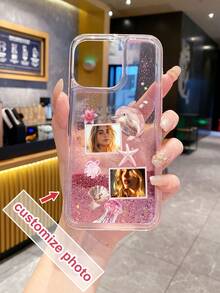 1pc TPU+PC Soft-Hard Combination Pink Liquid Quicksand Surface Customizable Photo, Ocean Element Frame Pattern Anti-Drop Phone Case, Anniversary Gift, Valentine's Day Gift, Birthday Gift, Wedding Gift - Multicolor - View 3