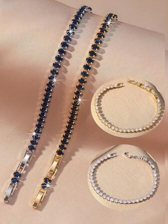 1 pezzo Bracciale in rame con catena tipo tennis, fila singola, pendente a goccia con zirconi blu, accessorio casual di alta qualità e versatile, stile europeo e americano alla moda, per donna