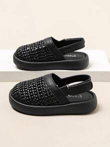 1 par de sandalias de niña de estilo vintage negro tejido, zapatos romanos cómodos, suaves, antideslizantes y transpirables - Negro - Ver 3