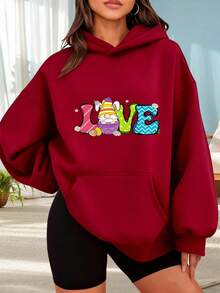 Fashionable Outdoor Hooded Sweater For Women. Black Hoodie With Easter Bunny Print And Vibrant LOVE Lettering For Everyday Wear, Social Occasions, Spring And Summer. Perfect For Dates, Holiday Gifts, And More. The Best Choice For A Date Night. - 酒紅色 - 查看 6