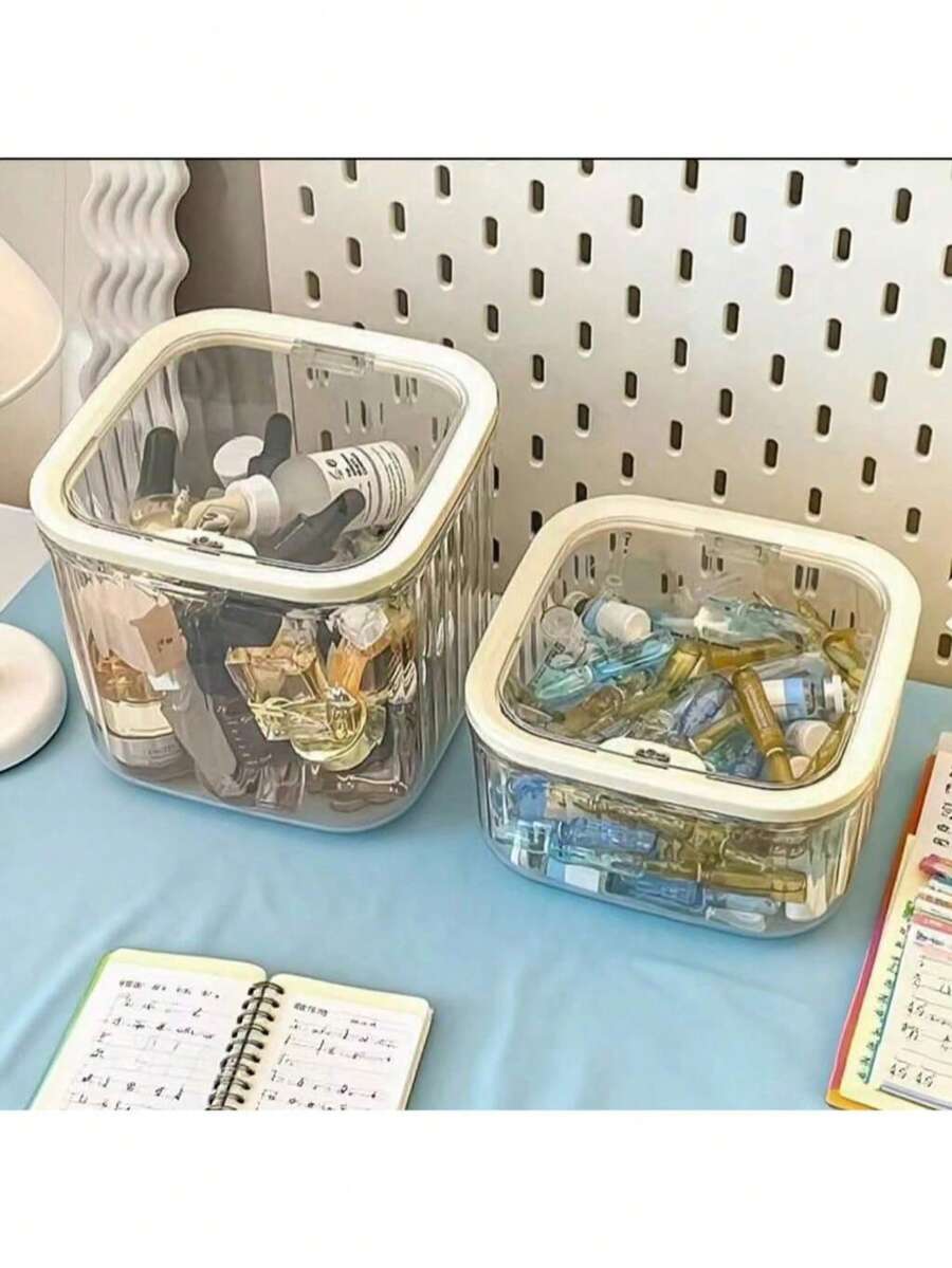 1pc Transparent Makeup Organizer Box With Lid, High-End Cosmetic Storage Rack - Clear - View 1