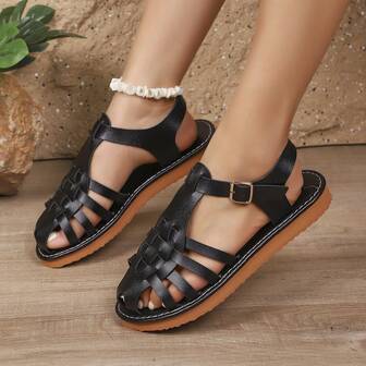 1 Pair Solid Color PU Leather Buckle Decor Thick Sole Women Beach Sandals, Summer
