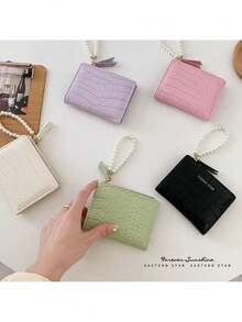 YUQING.FC Cartera de mano Cartera plegable con cadena de perlas falsas con relieve de cocodrilo, de estilo coreano minimalista de moda, para mujer, como regalo de cumpleaños 307-50B - Negro - Ver 4