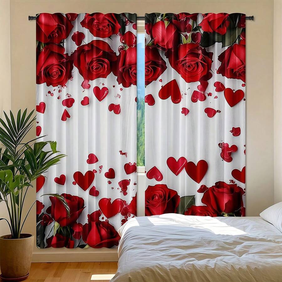 1件装情人节红玫瑰爱心窗帘套装 - 浪漫爱情主题窗帘，红玫瑰和3D爱心图案装饰，情人节家居装饰窗帘 - 彩色 - 查看 1