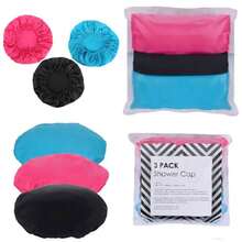 Gorras para bao, ducha, regadera impermeables y reutilizables con plstico grueso y resorte para el cuidado del cabello con tamao nico, cmodo y , que se adapta a la mayora de las cabezas y tipos de cabello, 3 piezas Rosa, negro, azul - inicial - Ver 1