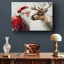 1 Pieza de lienzo vintage enmarcado de Santa Claus y renos - Decoración moderna minimalista para el hogar con marco de madera,últiples tamaños, impresión de lienzo envuelta lista para colgar, adecuada para sala de estar, decoración de pared, decoración navideña - Multicolor - Ver 5