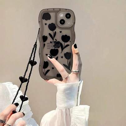 1pc Simple DIY Black Heart Bead Phone Chain CCD Beaded Earphone Bag Packaging Bracelet Lanyard Chain