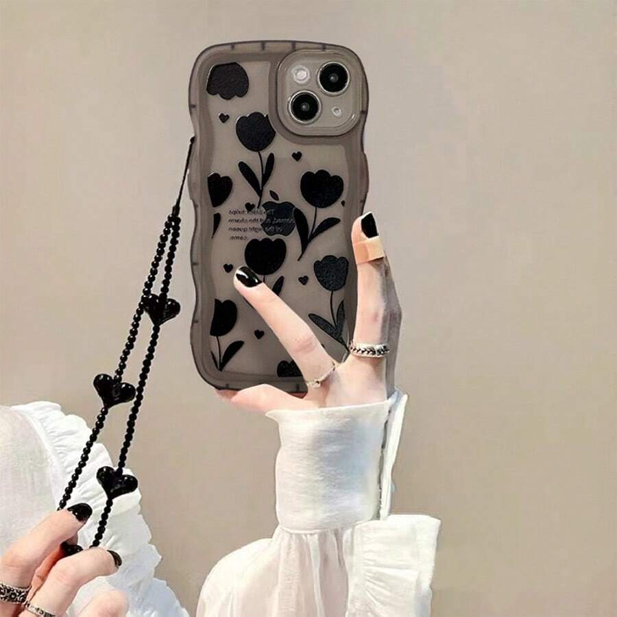 1pc Simple DIY Black Heart Bead Phone Chain CCD Beaded Earphone Bag Packaging Bracelet Lanyard Chain