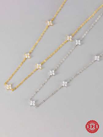 1pc Luxury S925 Silver Chain Four-Leaf Clover Cubic Zirconia Necklace, Jewelry Gift For Women, Suitable For Daily Wear, Casual, Travel, Party, Fashion Collection, Comes With Elegant Gift Box For Birthday, Holiday