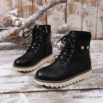 Fashionable Zipper Lace-Up Women's Boots, Thick Sole Anti-Slip Design, Minimalist And Elegant, Comfortable And Durable, Suitable For Autumn/Winter, Classic White Color With Patchwork Design, Easily Create Casual And Streetwear Styles, Adding Overall Stylish Look.