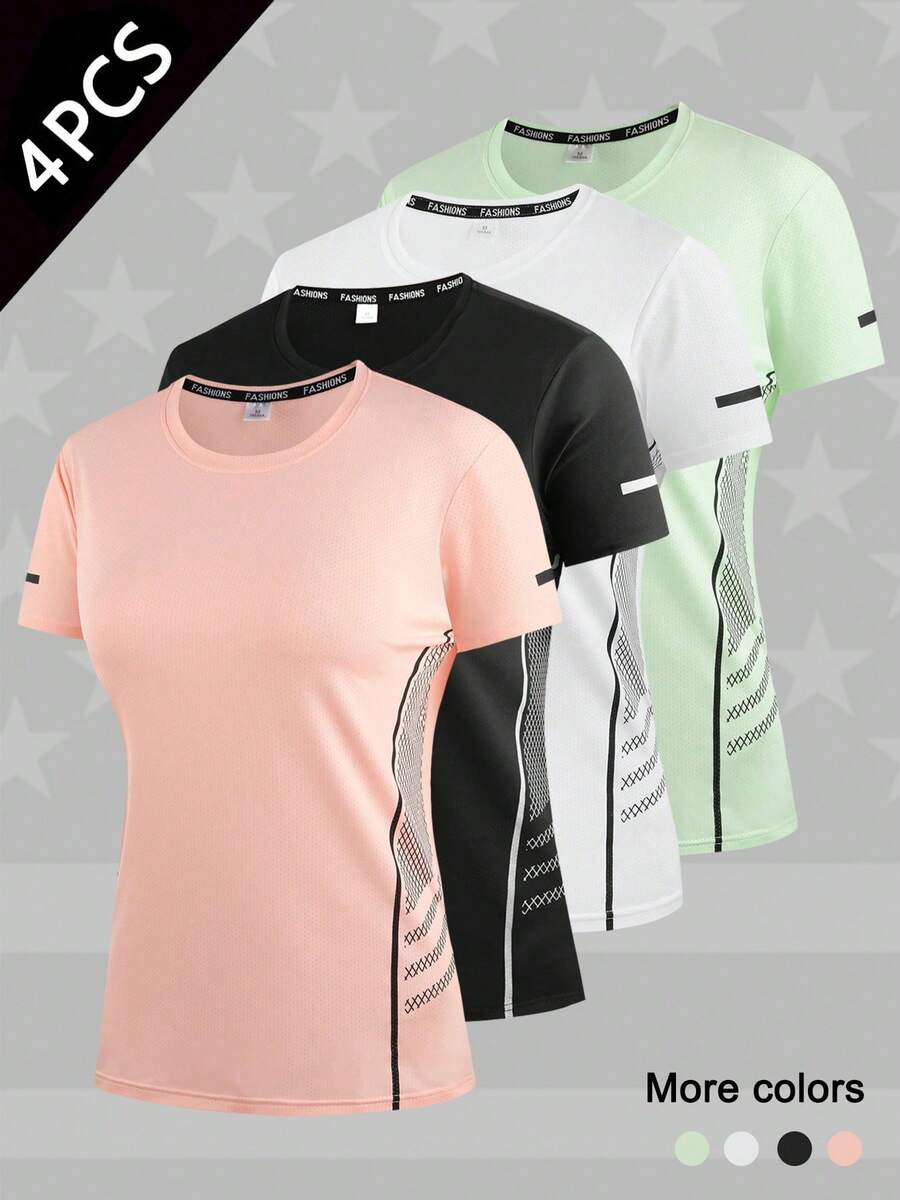 4pcs Women's Activewear Workout Tops, Sweat Wicking Quick Dry Active T-Shirts - Pink - View 1