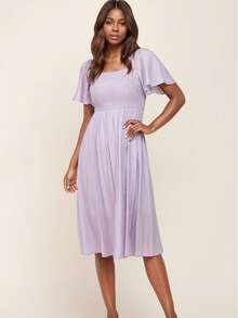 Maternity Solid Color Bohemian Elegant Woven Fabric Drawstring Dress, Suitable For Daily Wear And Vacation, Spring/Summer - Lilac Purple - View 3