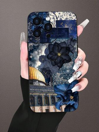 Étui de téléphone à la mode et personnalisable avec un motif floral et architectural bleu, résistant aux chocs, esthétique et mignon. Protection de l'objectif. Compatible avec iPhone 17/17 Pro/17 Pro Max, 16, 15, 14, 13, 12, 11 Plus/Pro Max et séries, ainsi qu'avec Galaxy S/A. Cadeau idéal pour Pâques, Noël, Halloween, un anniversaire, pour votre petite amie, votre petit ami, un ami ou pour vous-même.
