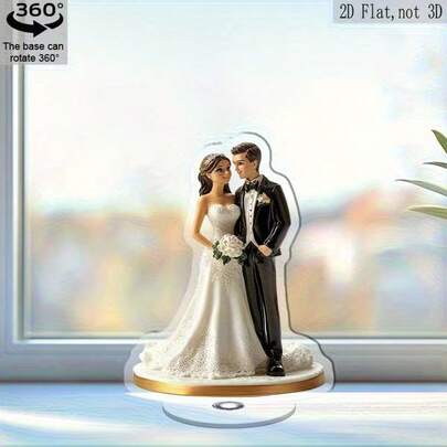 1个360°旋转新郎新娘婚礼装饰摆件 - 优雅婚纱设计，耐用塑料材质，适用于室内/室外婚礼、周年纪念、情人节装饰 | 时尚底座，婚礼装饰配件，2D平面
