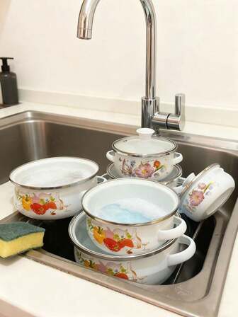 3件套彩色搪瓷涂层平底锅套装，迷你锅，适用于煮粥、牛奶、汤、面条，适用于电磁炉和燃气灶