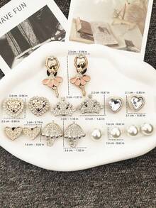 16PCS Bling Rhinestone Ballet Girl ABS Shoe Charms DIY Accessories Luxury Golden Crown Heart Clog Shoe Buckles Decorations Faux Pearls Shoe Clip Decor - 16 Styles - View 10