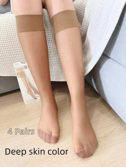 4 Pairs Women Nude Color Mid-Calf Socks, Semi-Sheer Stockings, Versatile For Daily Wear, Cozy