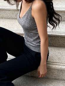 Fashion Sexy Glitter Summer Women Tank Top Casual Rib Camis - Grey - View 4