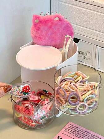 1pc Room Rotating Desktop Storage Box, 2-Layer 3-Compartment Dust-Proof Hair Clip Organizer