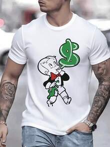 Cartoon Boy In Smart Suit Holds A Green Balloon In The Shape Of A Dollar Sign Conveying A Message Of Success, Ambition And Prosperity. Men's Sports T-Shirt, 100% Cotton, 220g - 白色 - 查看 1