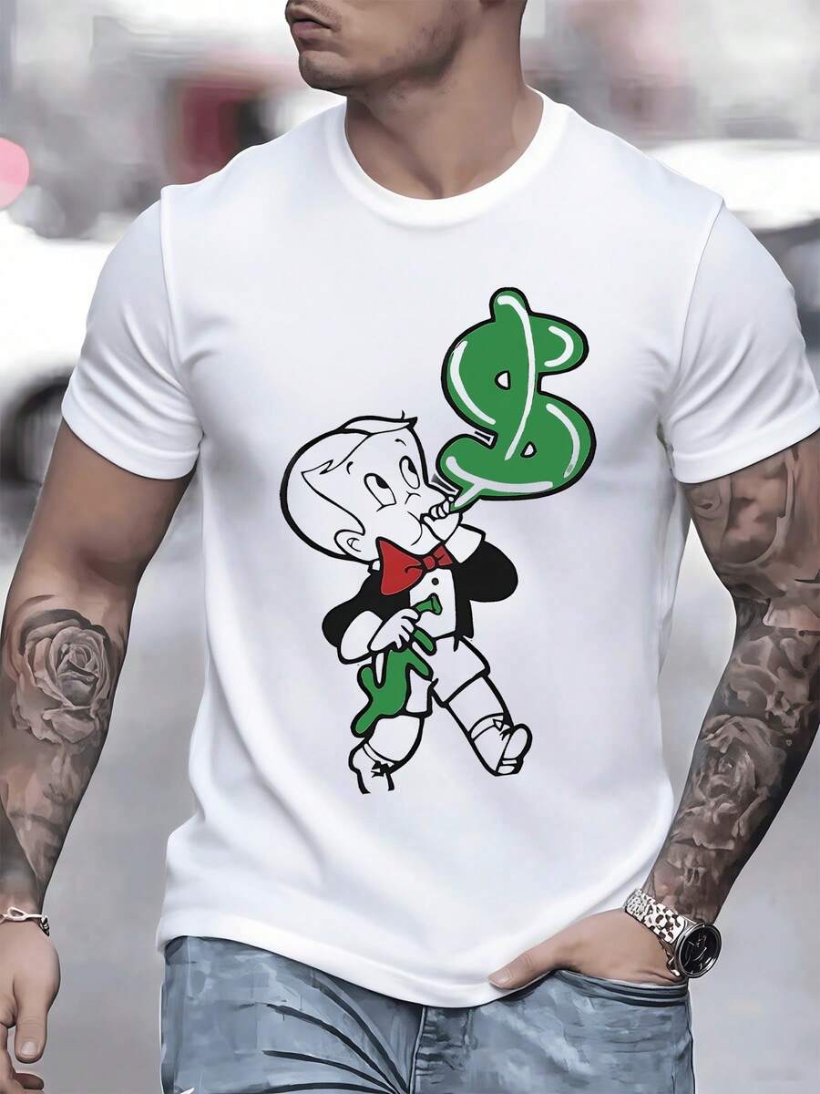 Cartoon Boy In Smart Suit Holds A Green Balloon In The Shape Of A Dollar Sign Conveying A Message Of Success, Ambition And Prosperity. Men's Sports T-Shirt, 100% Cotton, 220g - 白色 - 查看 1